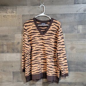 Lands' End Plus Size Brown Tiger Striped 100% Cotton V-Neck Sweater - 2X